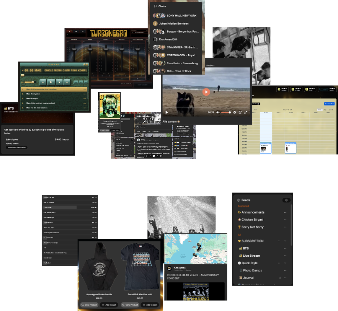 Platform screenshots — music player, feeds, chats, content scheduling, merch.